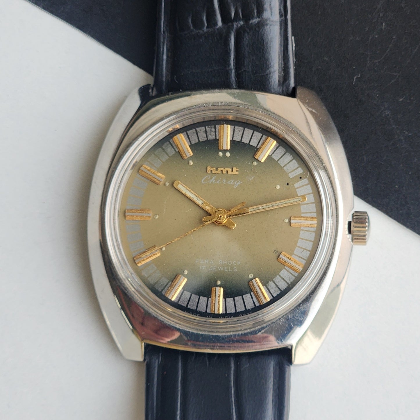 Vintage Original HMT Chirag Hand Winding 17 Jewels Green Face Black Leather Strap Men's Wrist Watch F99