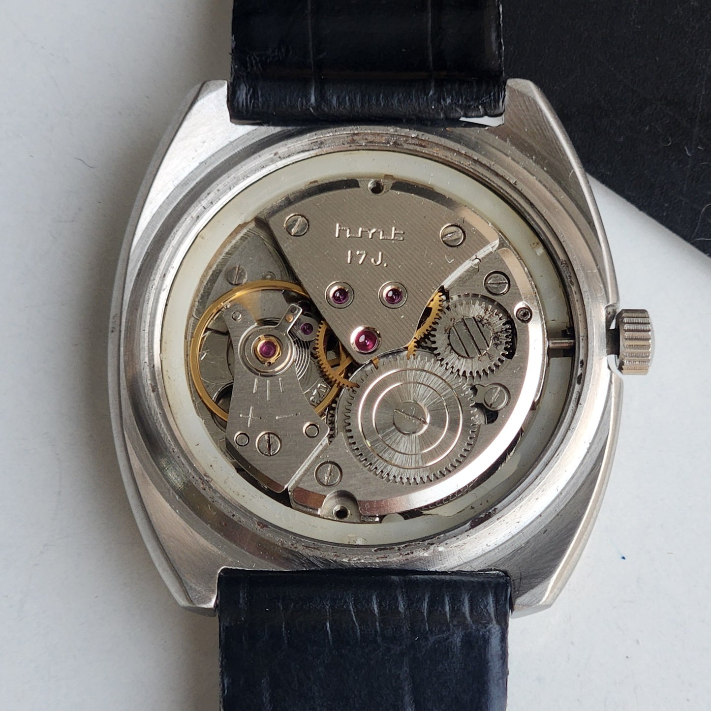 Vintage Original HMT Chirag Hand Winding 17 Jewels Green Face Black Leather Strap Men's Wrist Watch F99