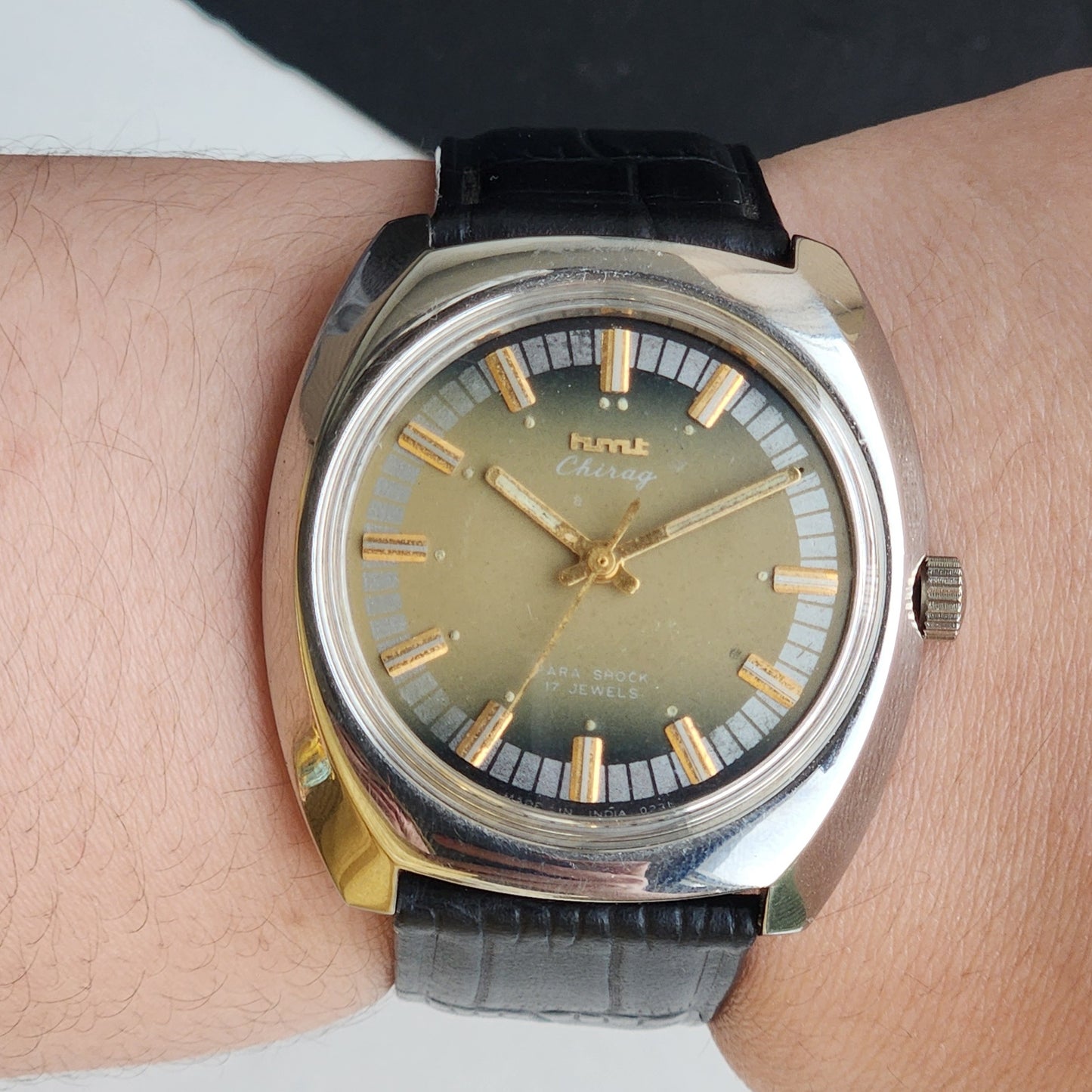 Vintage Original HMT Chirag Hand Winding 17 Jewels Green Face Black Leather Strap Men's Wrist Watch F99