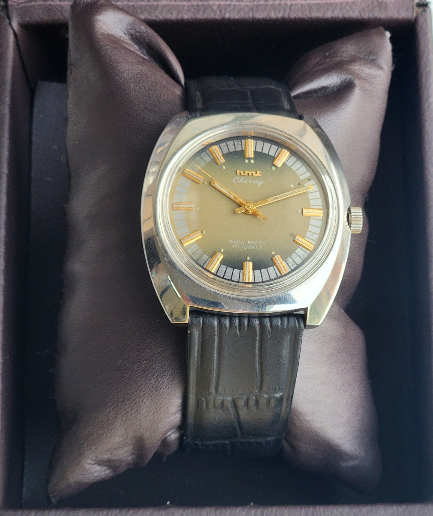 Vintage Original HMT Chirag Hand Winding 17 Jewels Green Face Black Leather Strap Men's Wrist Watch F99