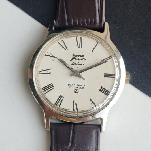 Vintage Original HMT Janata Hand Winding 17 Jewels White Off Face Brown Leather Strap Men's Wrist Watch G03
