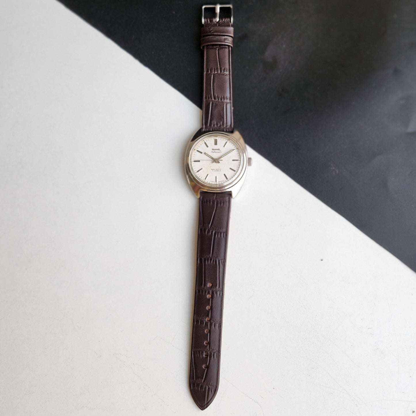 Vintage Original HMT Kohinoor Hand Winding 17 Jewels White Face Brown Leather Strap Men's Wrist Watch G06