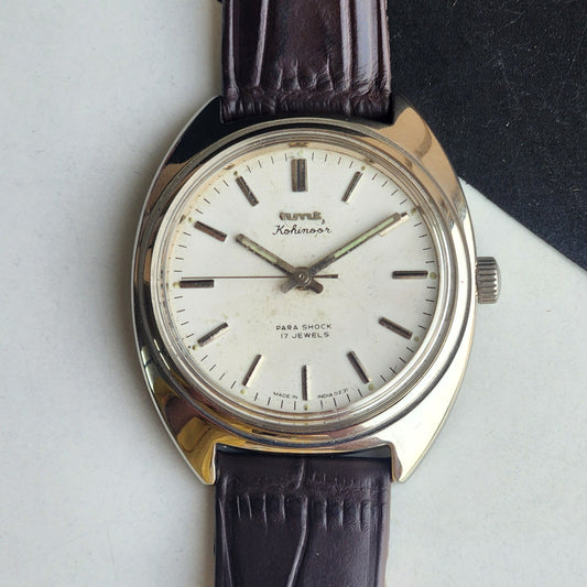 Vintage Original HMT Kohinoor Hand Winding 17 Jewels White Face Brown Leather Strap Men's Wrist Watch G06