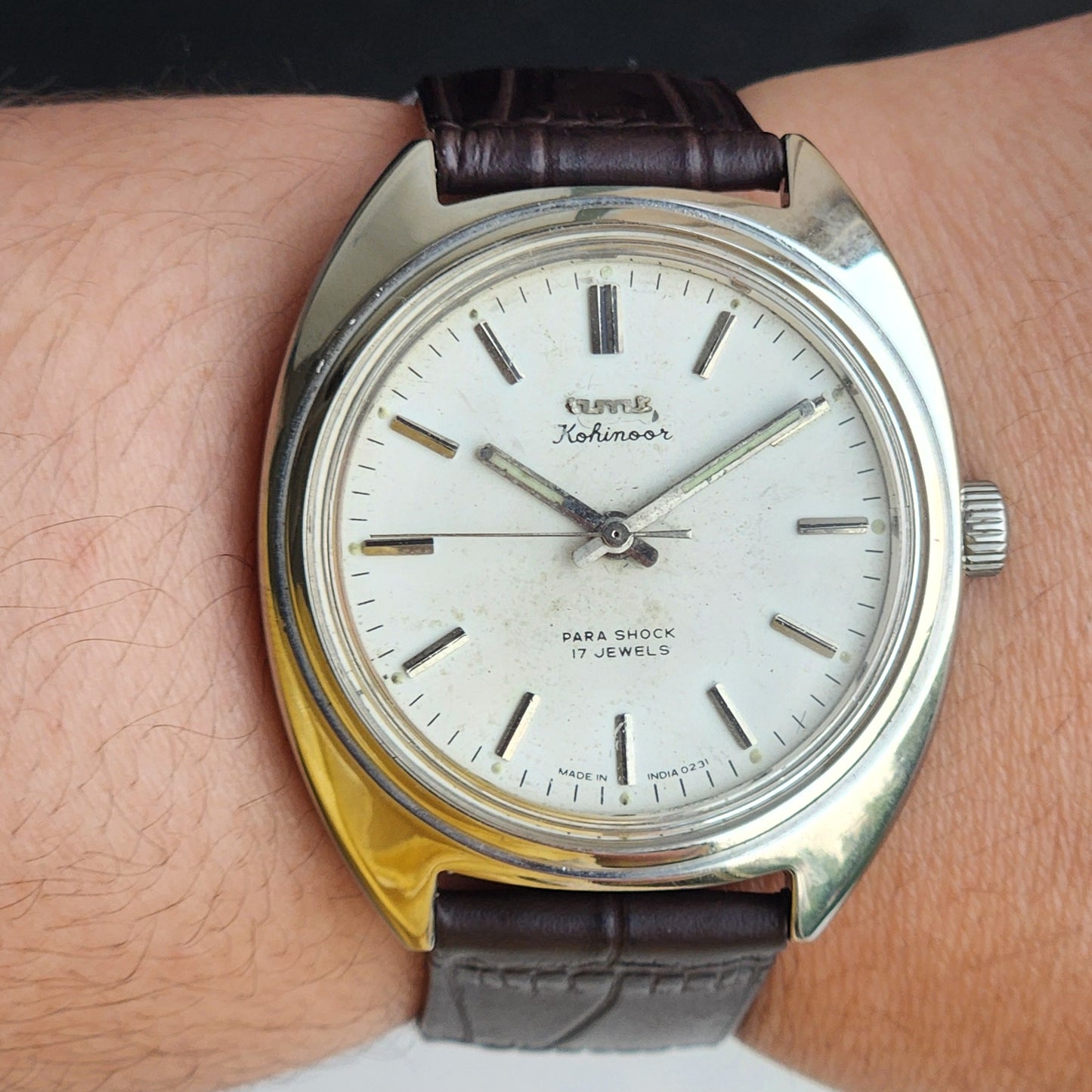 Vintage Original HMT Kohinoor Hand Winding 17 Jewels White Face Brown Leather Strap Men's Wrist Watch G06