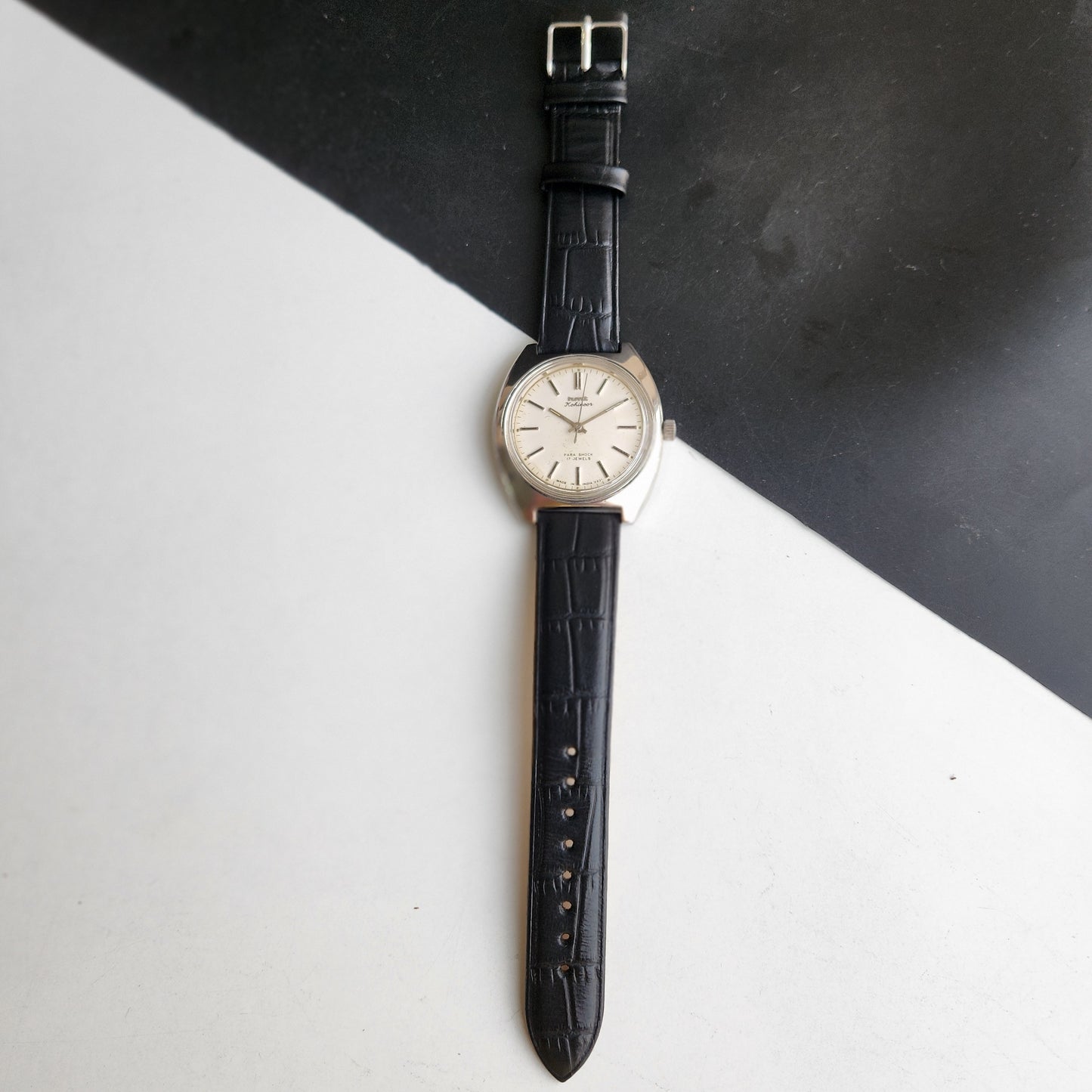 Vintage Original HMT Kohinoor Hand Winding 17 Jewels White Face Black Leather Strap Men's Wrist Watch G01