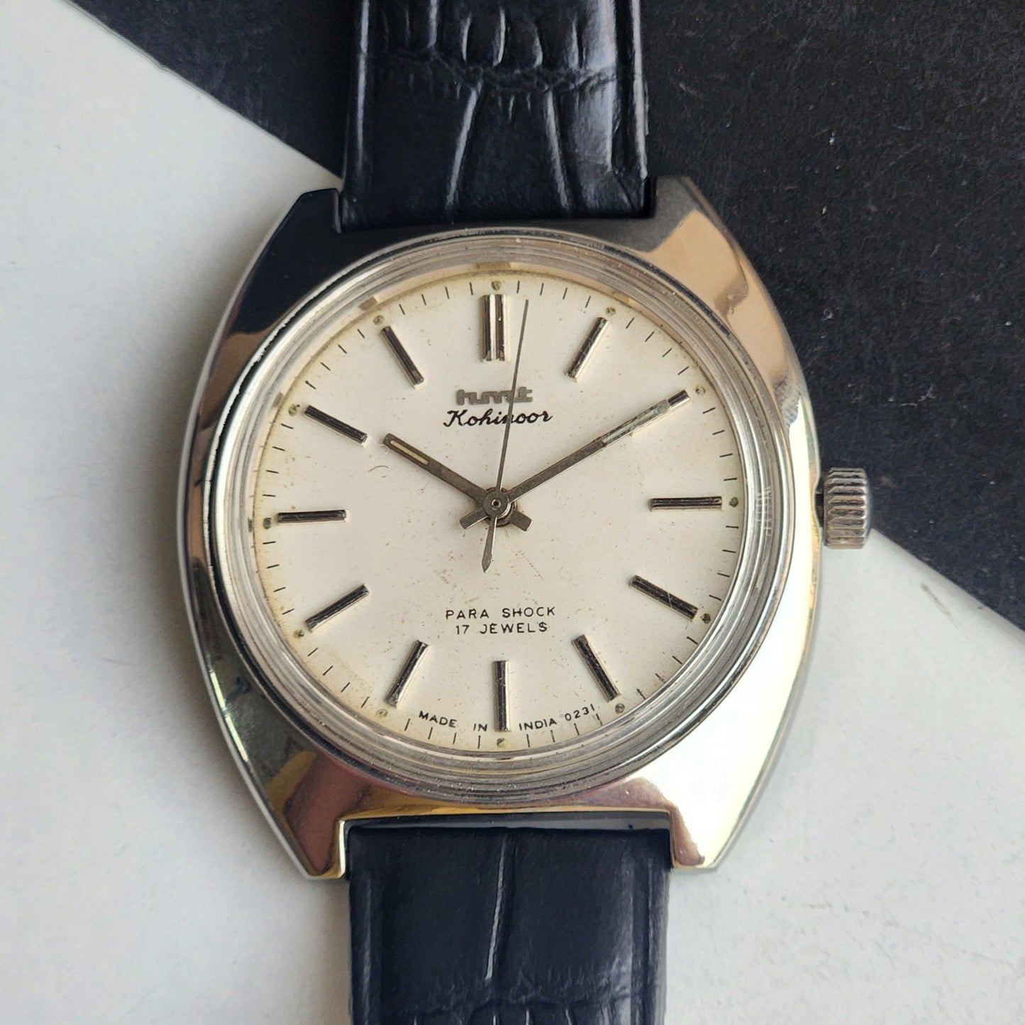Vintage Original HMT Kohinoor Hand Winding 17 Jewels White Face Black Leather Strap Men's Wrist Watch G01
