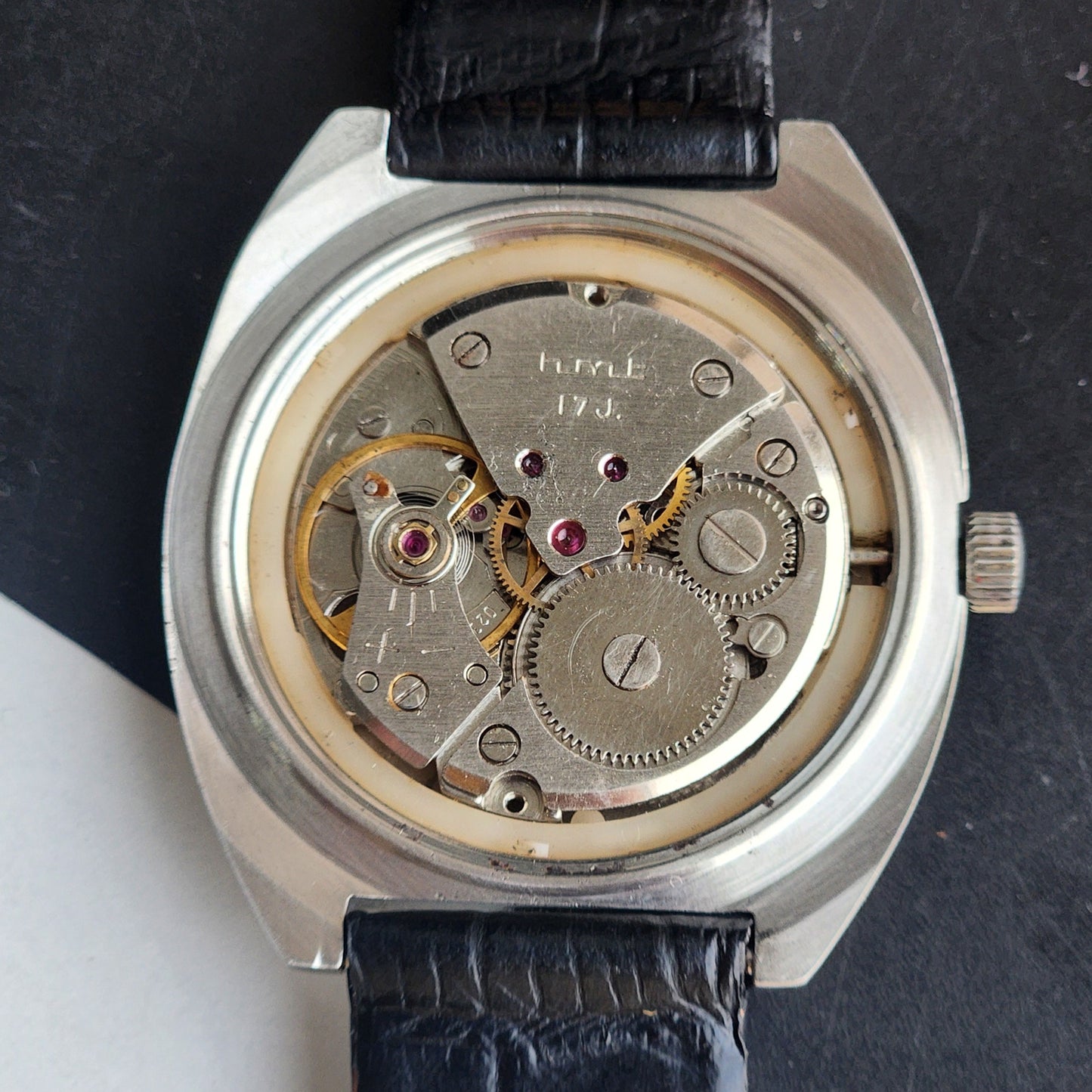 Vintage Original HMT Kohinoor Hand Winding 17 Jewels White Face Black Leather Strap Men's Wrist Watch G01