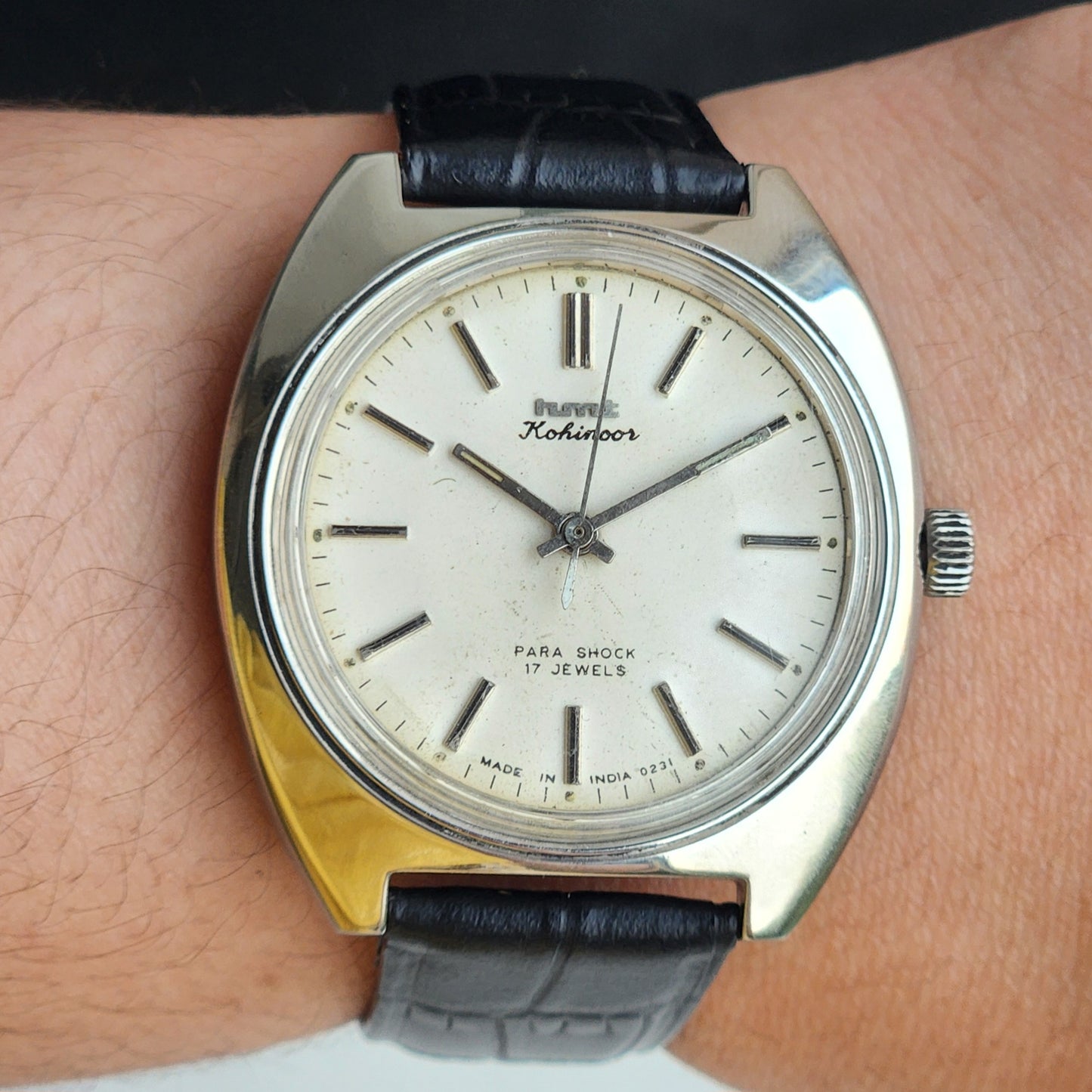 Vintage Original HMT Kohinoor Hand Winding 17 Jewels White Face Black Leather Strap Men's Wrist Watch G01