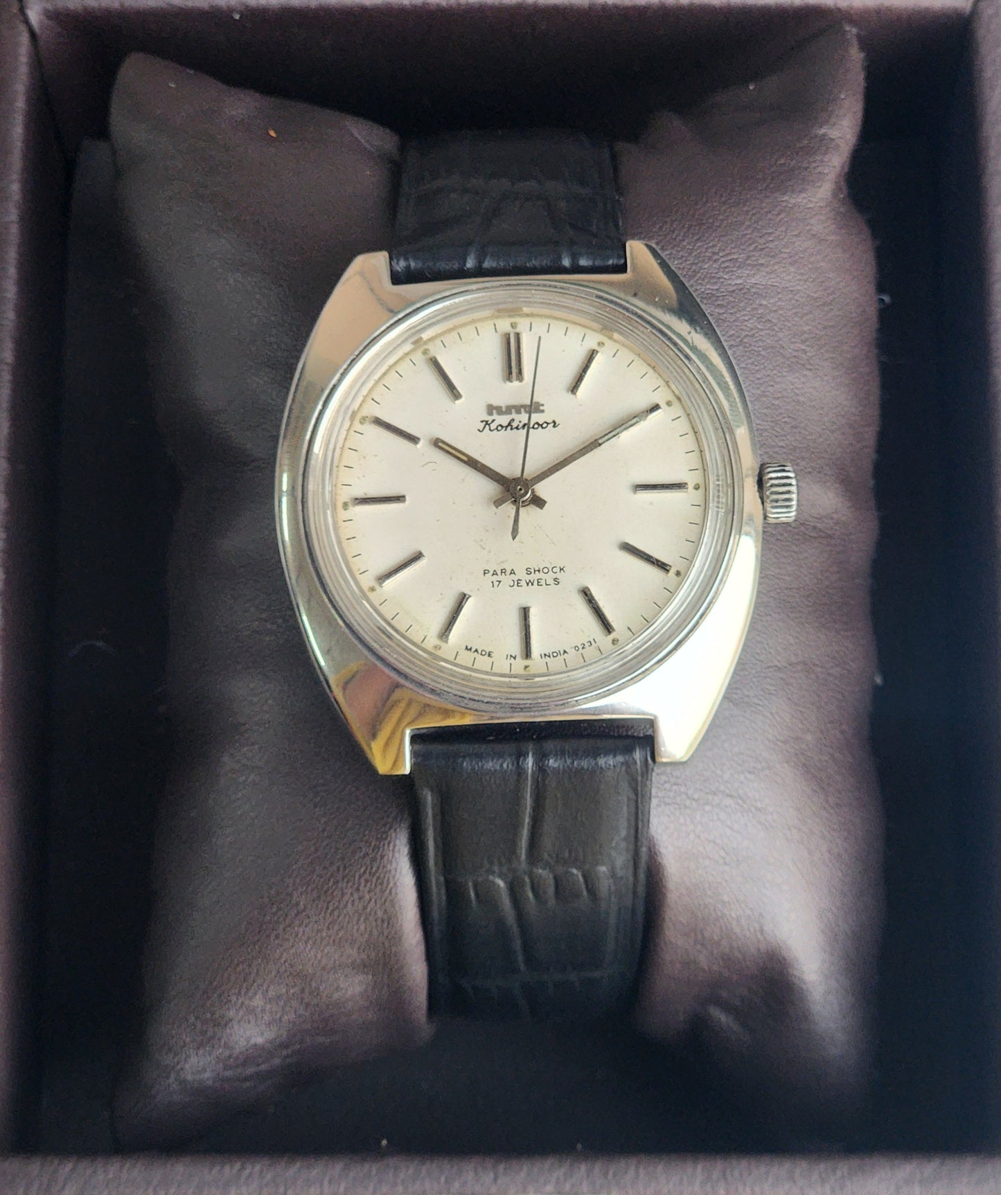 Vintage Original HMT Kohinoor Hand Winding 17 Jewels White Face Black Leather Strap Men's Wrist Watch G01