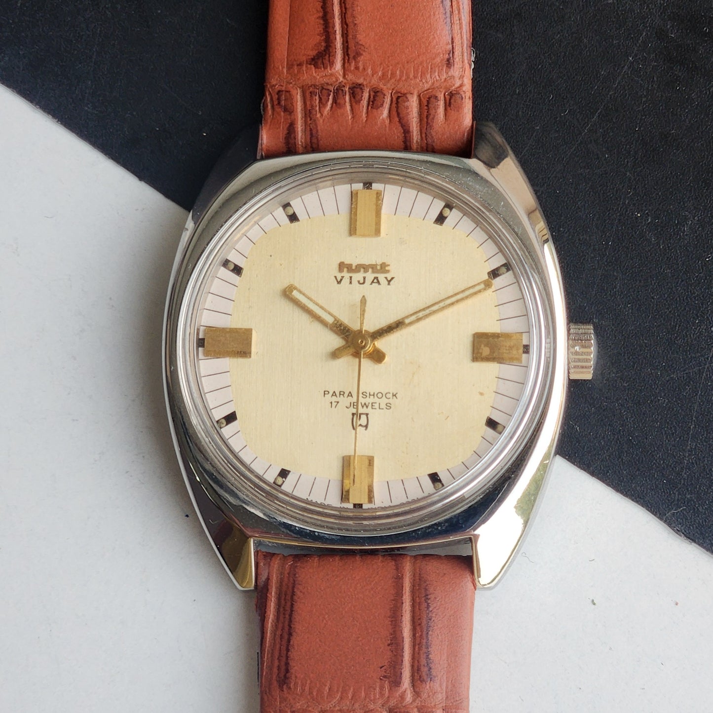 Vintage Original HMT Vijay Hand Winding 17 Jewels Golden Face Brown Leather Strap Men's Wrist Watch F98