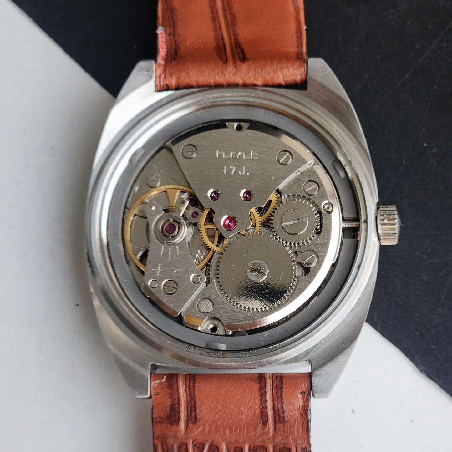 Vintage Original HMT Vijay Hand Winding 17 Jewels Golden Face Brown Leather Strap Men's Wrist Watch F98