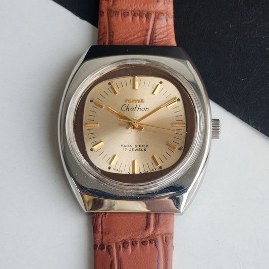 Vintage Original HMT Chethan Hand Winding 17 Jewels Golden Face Brown Leather Strap Men's Wrist Watch G08