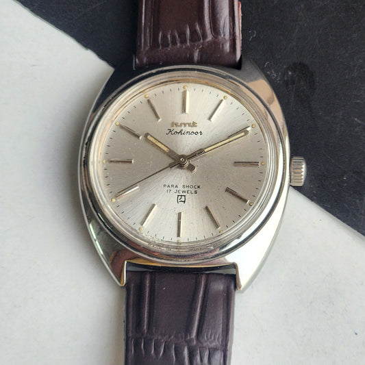 Vintage Original HMT Kohinoor Hand Winding 17 Jewels Silver Face Brown Leather Strap Men's Wrist Watch G02