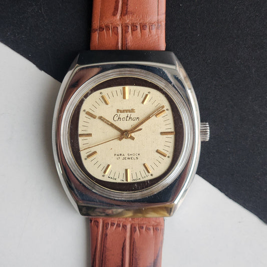 Vintage Original HMT Chethan Hand Winding 17 Jewels Golden Face Brown Leather Strap Men's Wrist Watch G07
