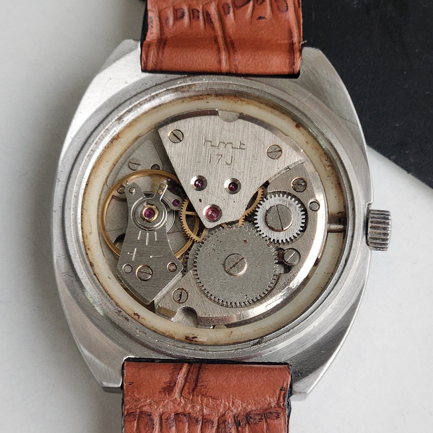 Vintage Original HMT Chethan Hand Winding 17 Jewels Golden Face Brown Leather Strap Men's Wrist Watch G07