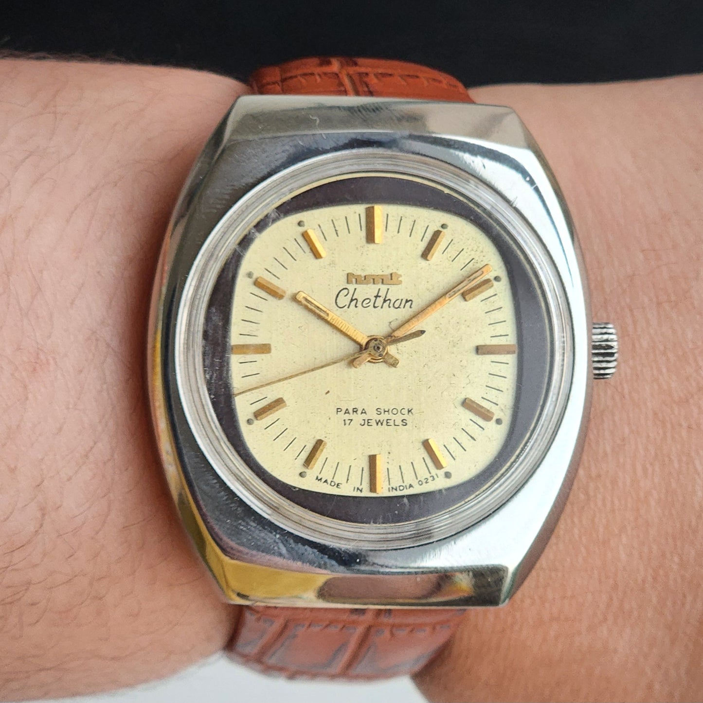 Vintage Original HMT Chethan Hand Winding 17 Jewels Golden Face Brown Leather Strap Men's Wrist Watch G07