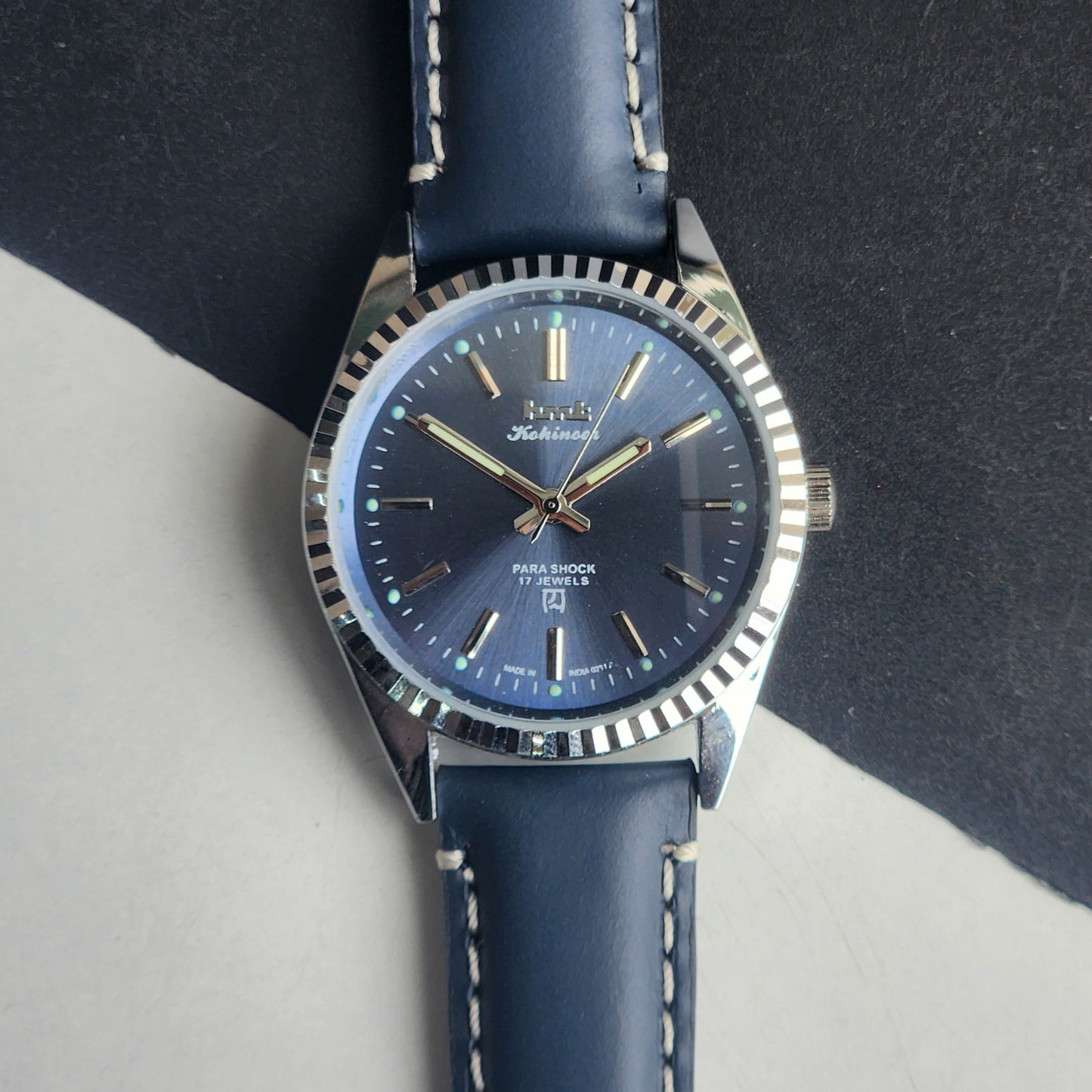 Vintage HMT Kohinoor Hand Winding 17 Jewels Blue Face Fluted Bezel Blue Leather strap Men's Wrist Watch G35