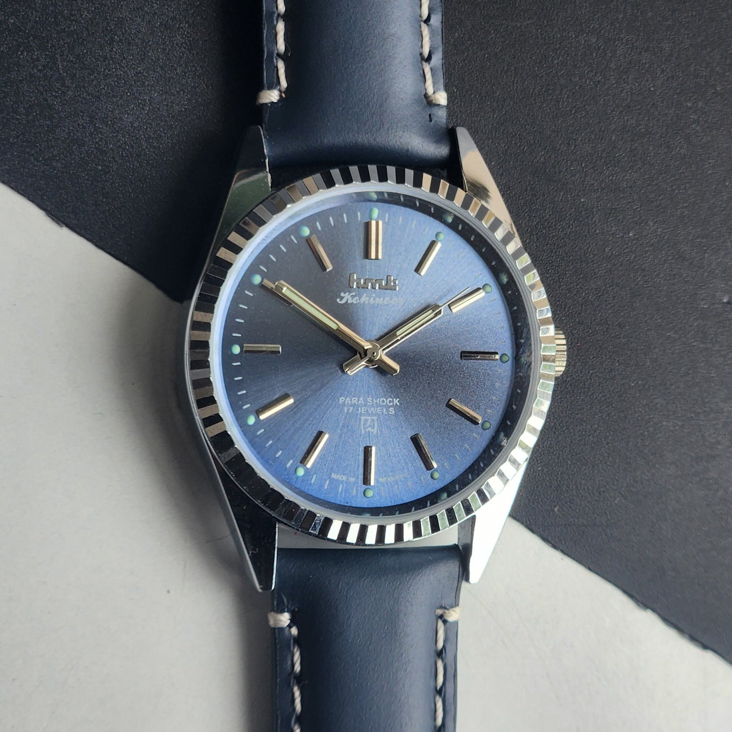 Vintage HMT Kohinoor Hand Winding 17 Jewels Blue Face Fluted Bezel Blue Leather strap Men's Wrist Watch G35