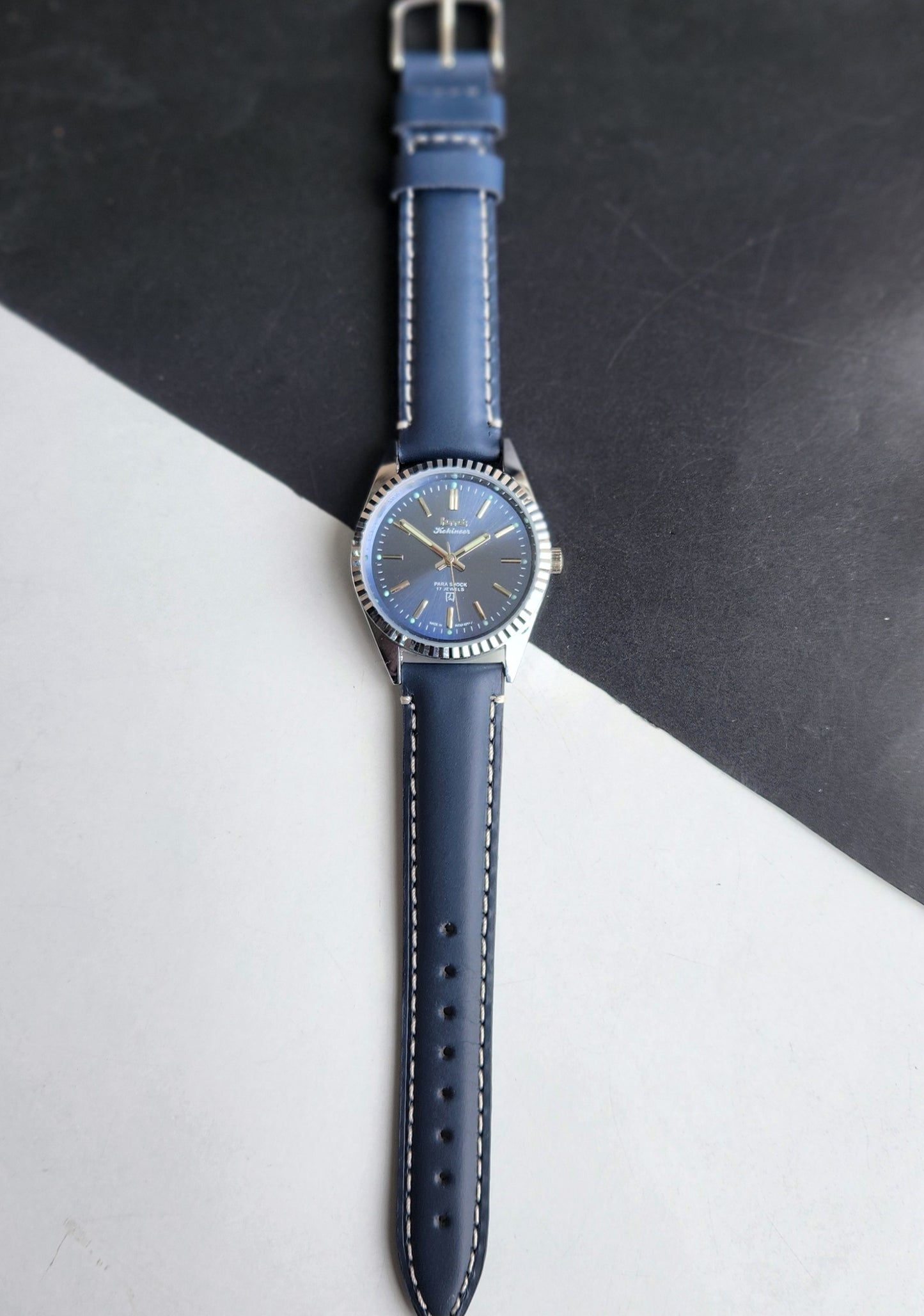 Vintage HMT Kohinoor Hand Winding 17 Jewels Blue Face Fluted Bezel Blue Leather strap Men's Wrist Watch G35