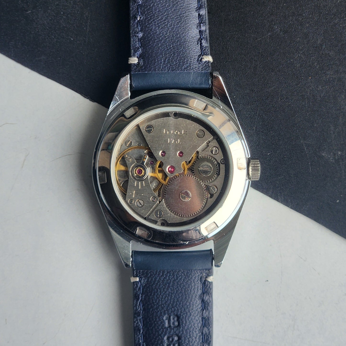 Vintage HMT Kohinoor Hand Winding 17 Jewels Blue Face Fluted Bezel Blue Leather strap Men's Wrist Watch G35