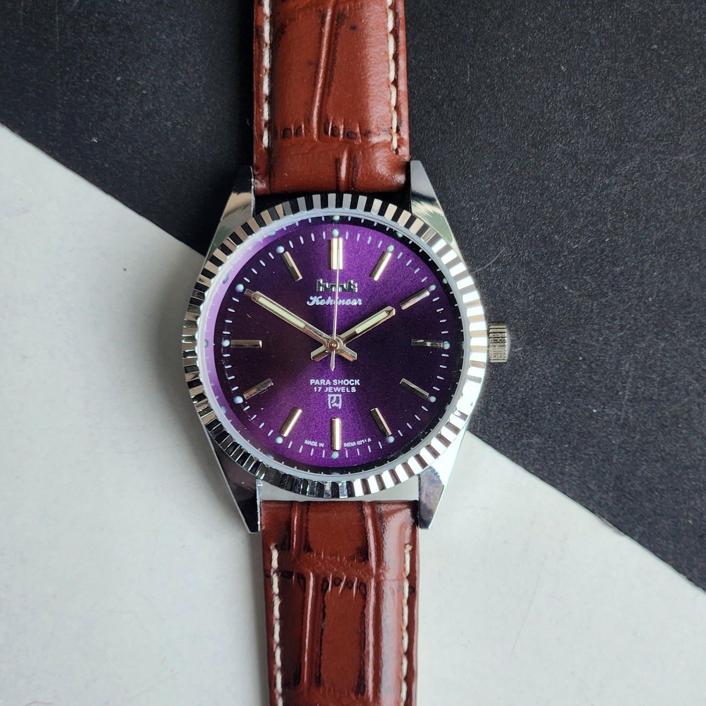 Vintage HMT Kohinoor Hand Winding 17 Jewels Purple Face Fluted Bezel Brown Leather strap Men's Wrist Watch G34