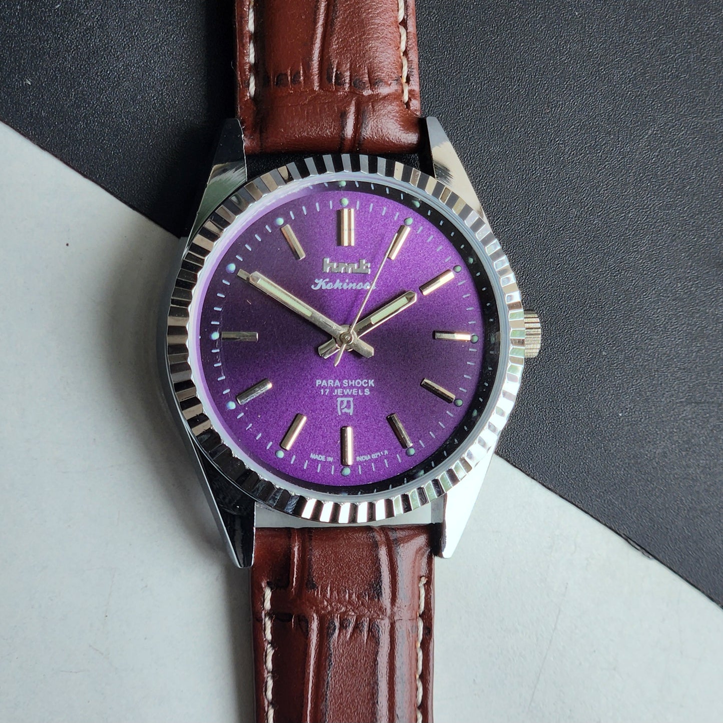 Vintage HMT Kohinoor Hand Winding 17 Jewels Purple Face Fluted Bezel Brown Leather strap Men's Wrist Watch G34