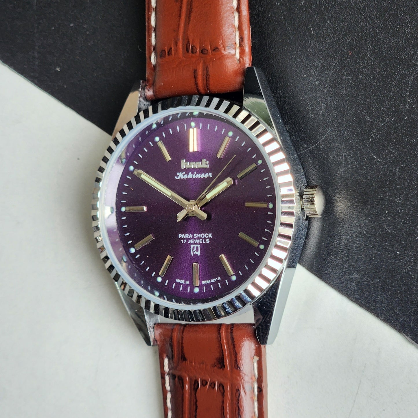 Vintage HMT Kohinoor Hand Winding 17 Jewels Purple Face Fluted Bezel Brown Leather strap Men's Wrist Watch G34