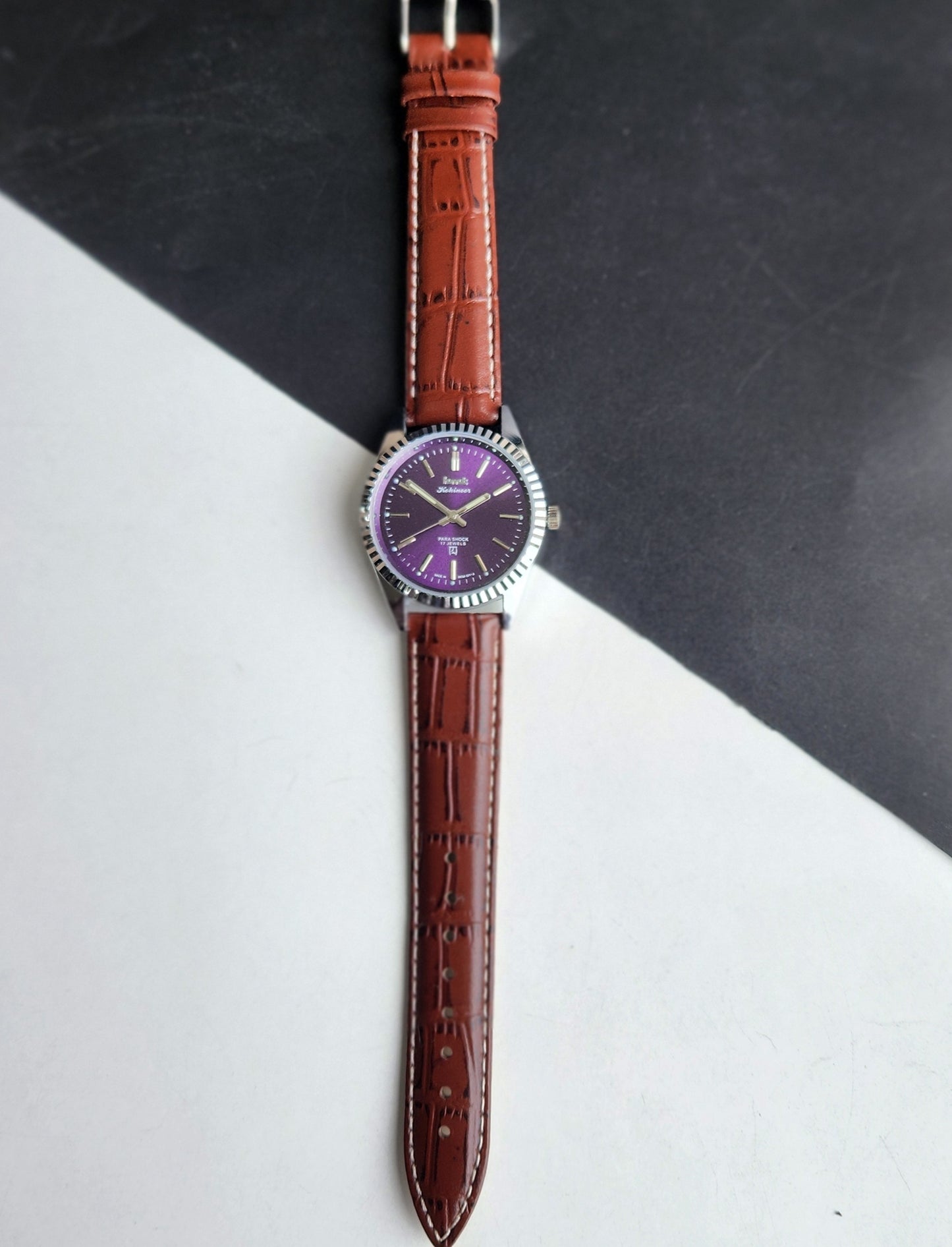 Vintage HMT Kohinoor Hand Winding 17 Jewels Purple Face Fluted Bezel Brown Leather strap Men's Wrist Watch G34
