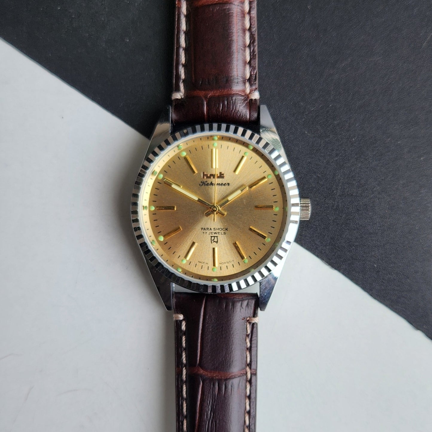 Vintage HMT Kohinoor Hand Winding 17 Jewels Golden Face Fluted Bezel Brown Leather strap Men's Wrist Watch G33