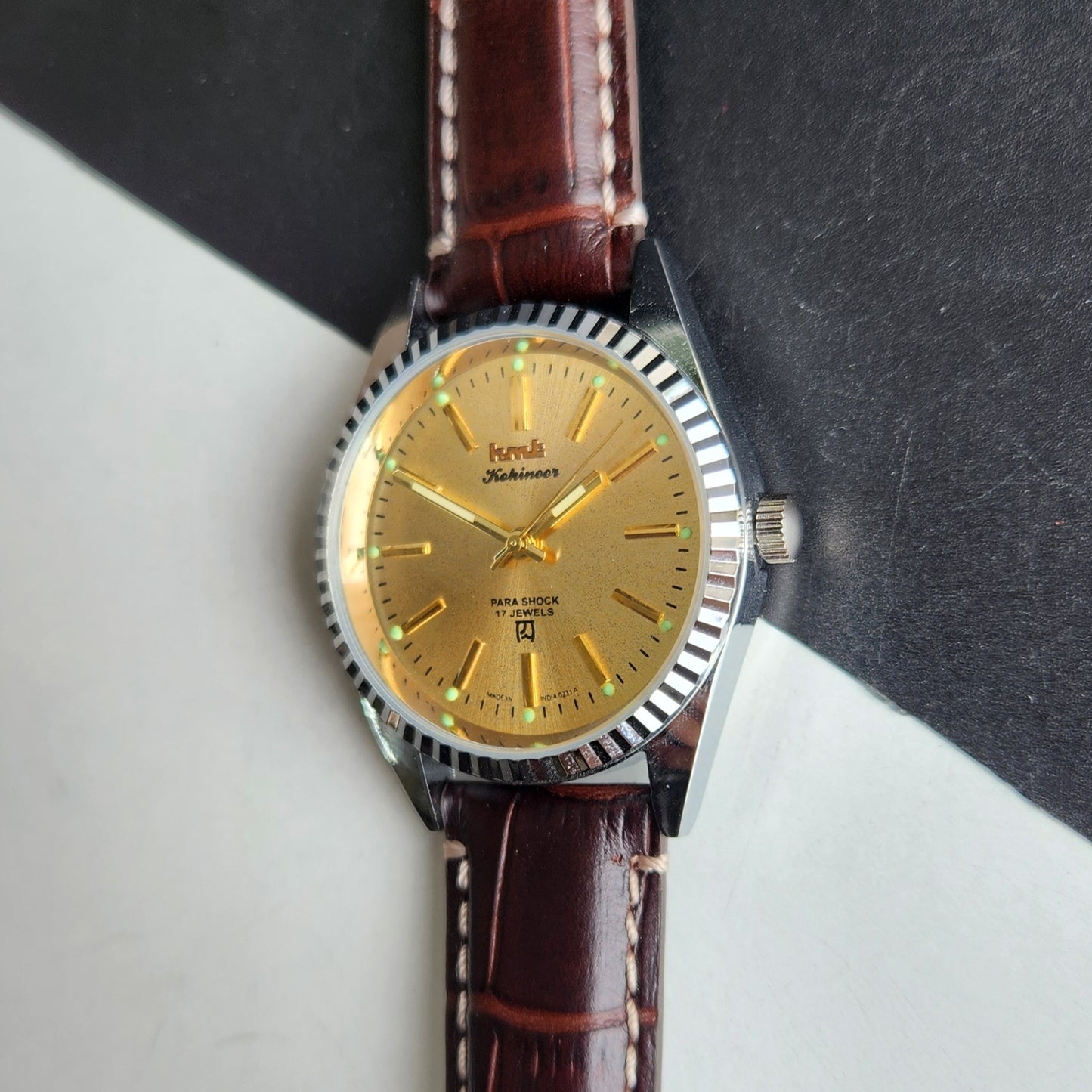 Vintage HMT Kohinoor Hand Winding 17 Jewels Golden Face Fluted Bezel Brown Leather strap Men's Wrist Watch G33
