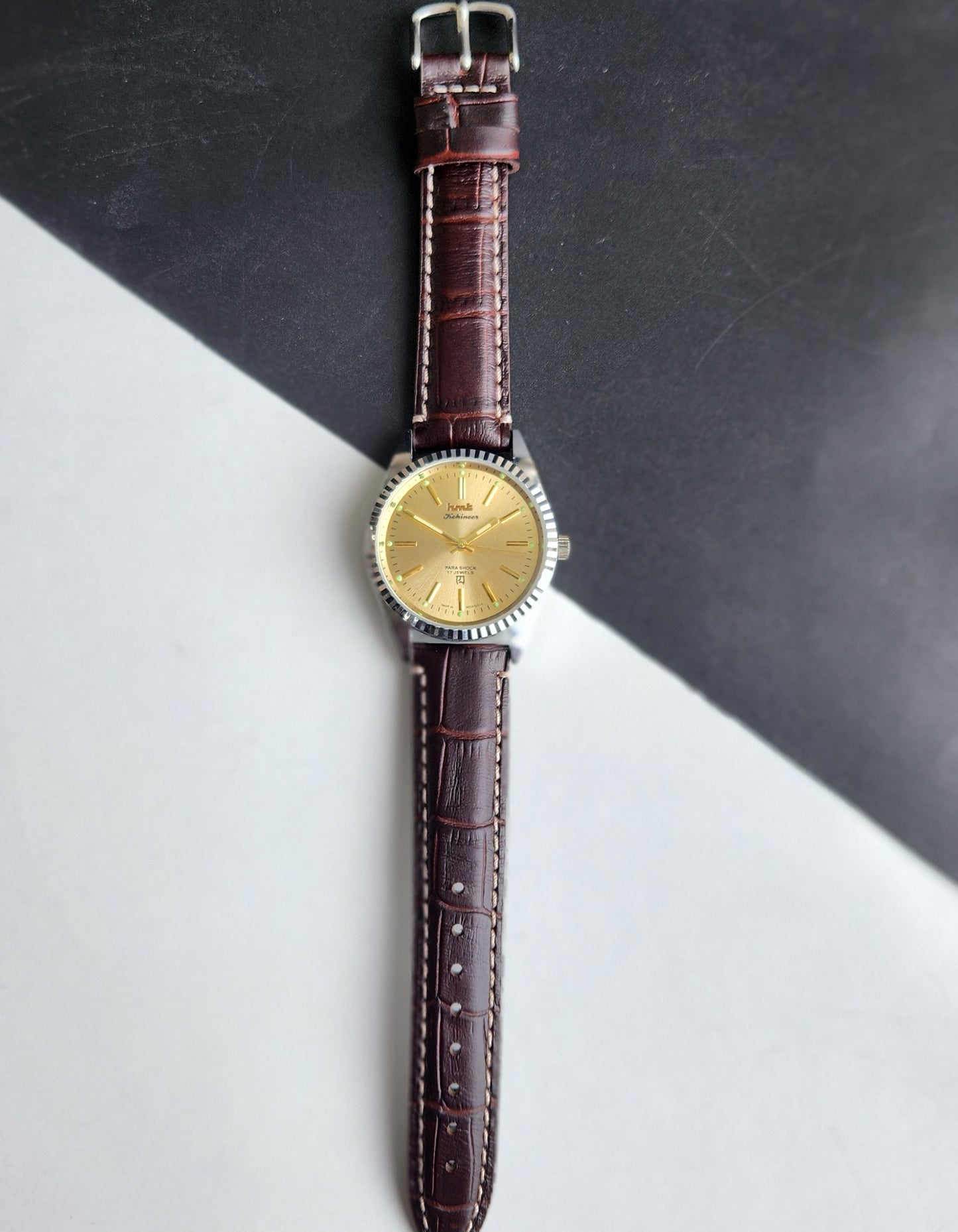 Vintage HMT Kohinoor Hand Winding 17 Jewels Golden Face Fluted Bezel Brown Leather strap Men's Wrist Watch G33