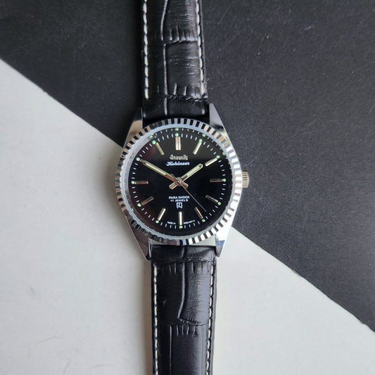 Vintage MOD HMT Kohinoor Hand Winding 17 Jewels Black Face Fluted Bezel Black Leather strap Men's Wrist Watch G32