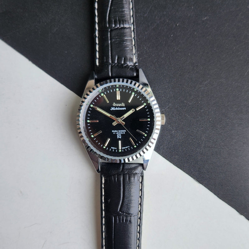 Vintage MOD HMT Kohinoor Hand Winding 17 Jewels Black Face Fluted Bezel Black Leather strap Men's Wrist Watch G32