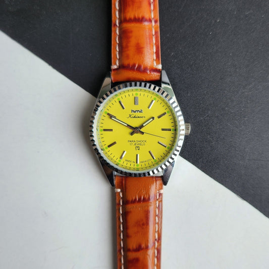 Vintage MOD HMT Kohinoor Hand Winding 17 Jewels Yellow Face Fluted Bezel Brown Leather strap Men's Wrist Watch G31
