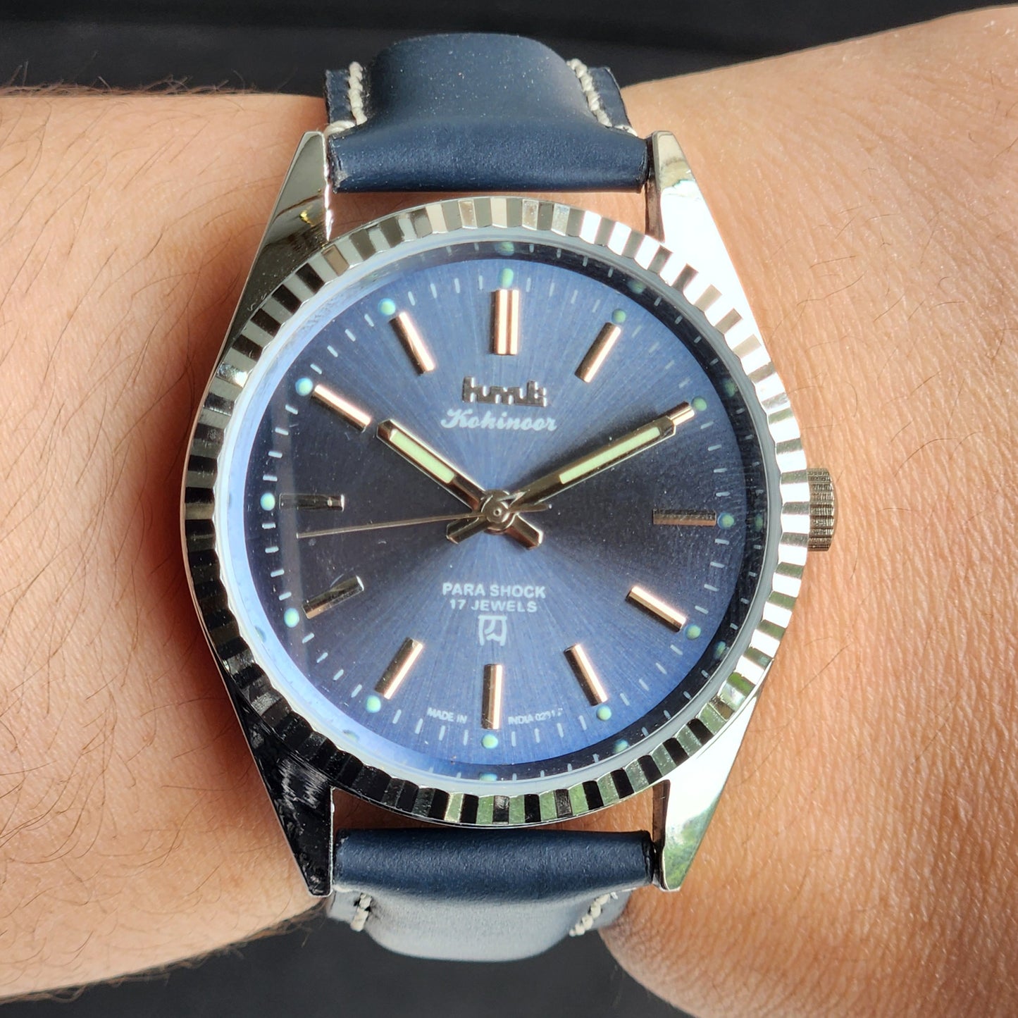 Vintage HMT Kohinoor Hand Winding 17 Jewels Blue Face Fluted Bezel Blue Leather strap Men's Wrist Watch G38