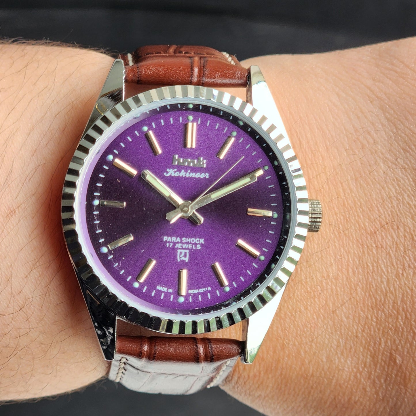 Vintage HMT Kohinoor Hand Winding 17 Jewels Purple Face Fluted Bezel Brown Leather strap Men's Wrist Watch G34
