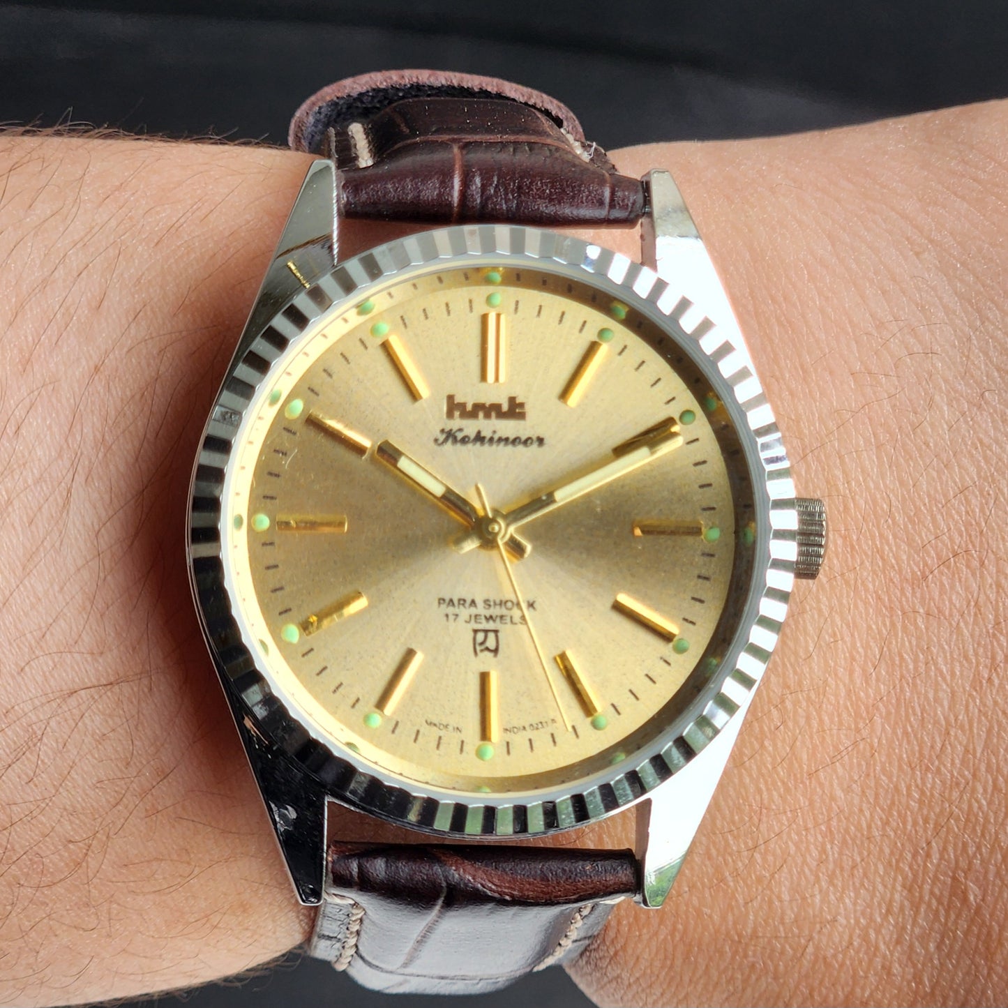 Vintage HMT Kohinoor Hand Winding 17 Jewels Golden Face Fluted Bezel Brown Leather strap Men's Wrist Watch G33