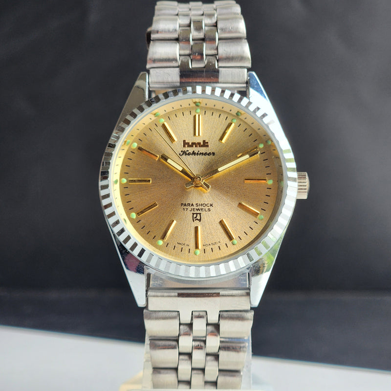 Vintage MOD HMT Kohinoor Hand Winding 17 Jewels Golden Face Fluted Bezel Jubilee Bracelet Men's Wrist Watch G09