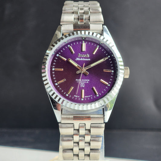 Vintage MOD HMT Kohinoor Hand Winding 17 Jewels Purple Face Fluted Bezel Jubilee Bracelet Men's Wrist Watch G10