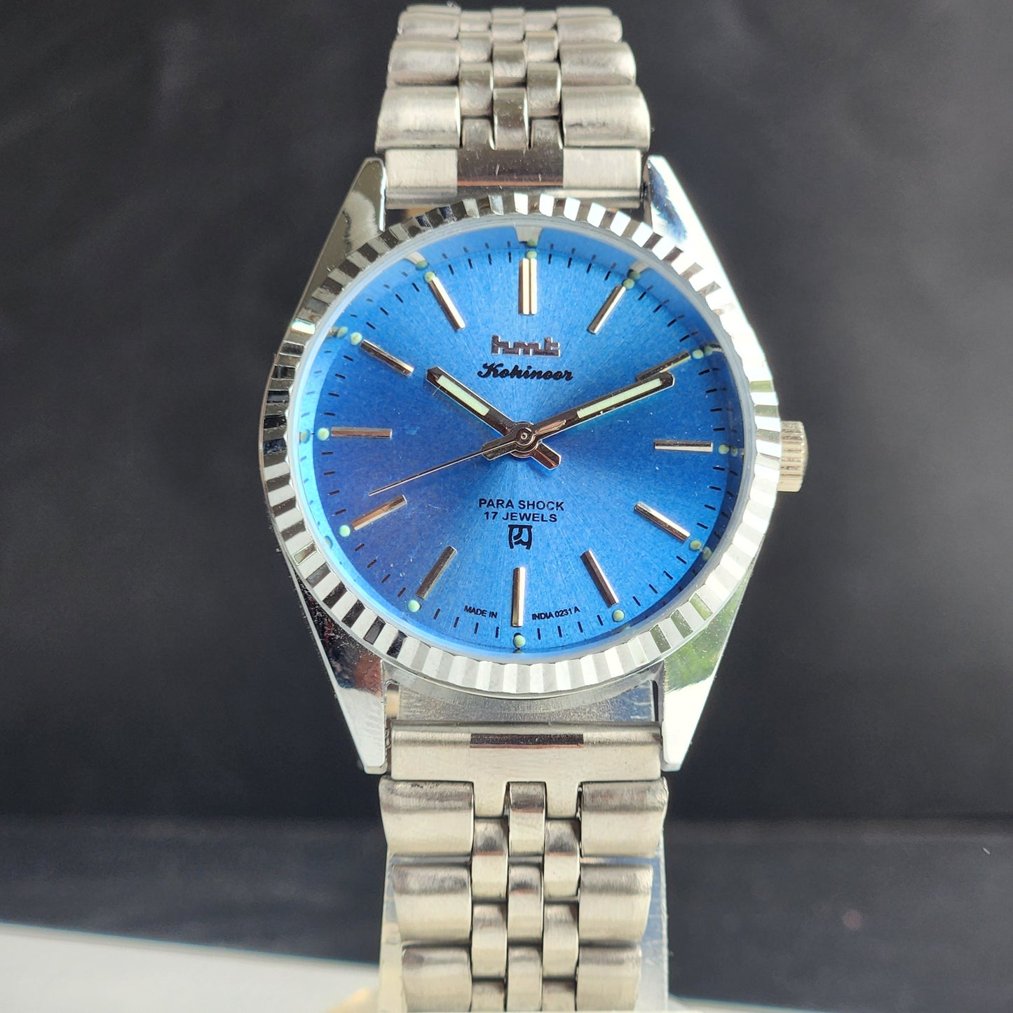 Vintage HMT Kohinoor Hand Winding 17 Jewels Sky Blue Face Fluted Bezel Jubilee Bracelet Men's Wrist Watch G11