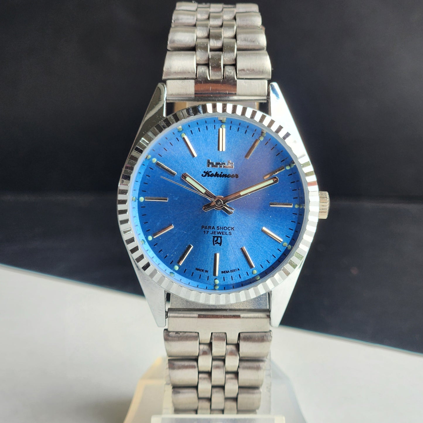 Vintage HMT Kohinoor Hand Winding 17 Jewels Sky Blue Face Fluted Bezel Jubilee Bracelet Men's Wrist Watch G11