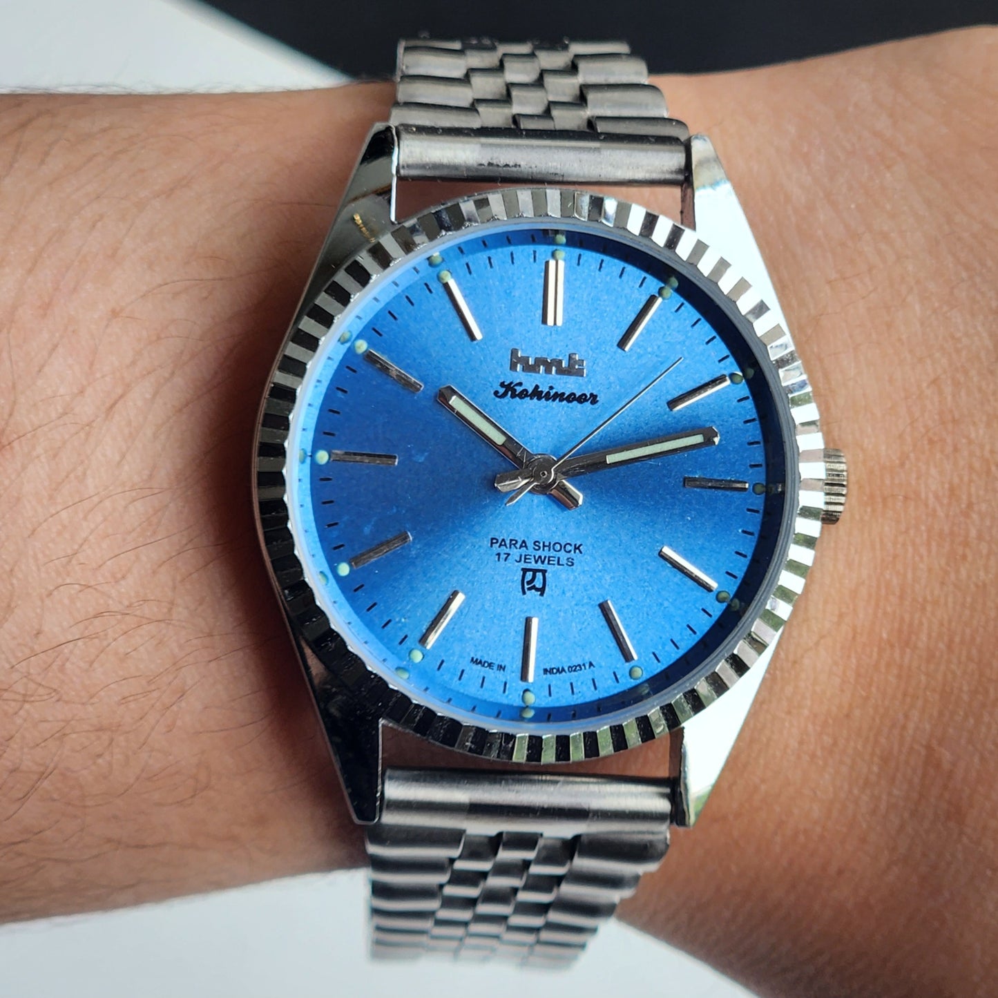 Vintage HMT Kohinoor Hand Winding 17 Jewels Sky Blue Face Fluted Bezel Jubilee Bracelet Men's Wrist Watch G11