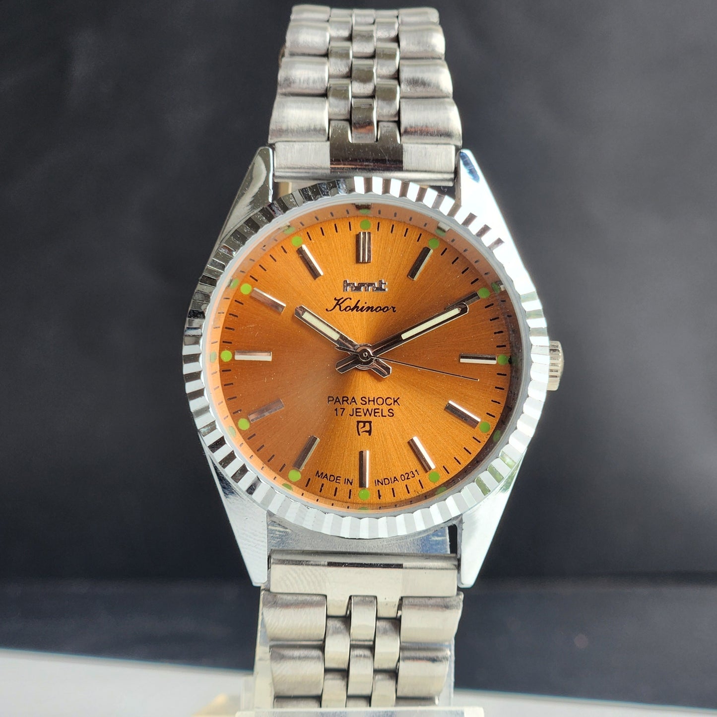 Vintage HMT Kohinoor Hand Winding 17 Jewels Orange Face Fluted Bezel Jubilee Bracelet Men's Wrist Watch G12