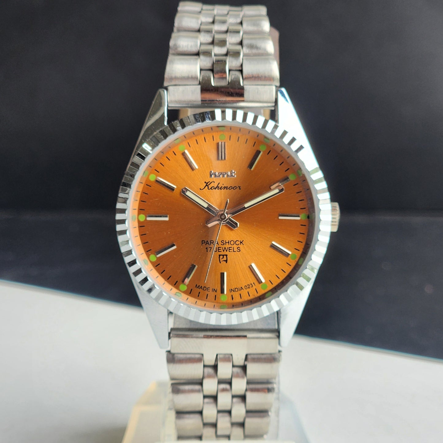 Vintage HMT Kohinoor Hand Winding 17 Jewels Orange Face Fluted Bezel Jubilee Bracelet Men's Wrist Watch G12