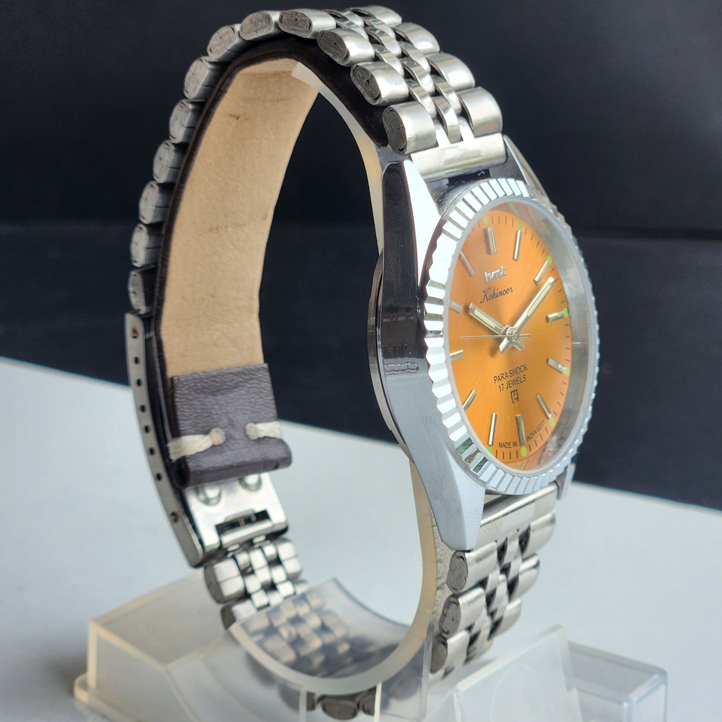 Vintage HMT Kohinoor Hand Winding 17 Jewels Orange Face Fluted Bezel Jubilee Bracelet Men's Wrist Watch G12