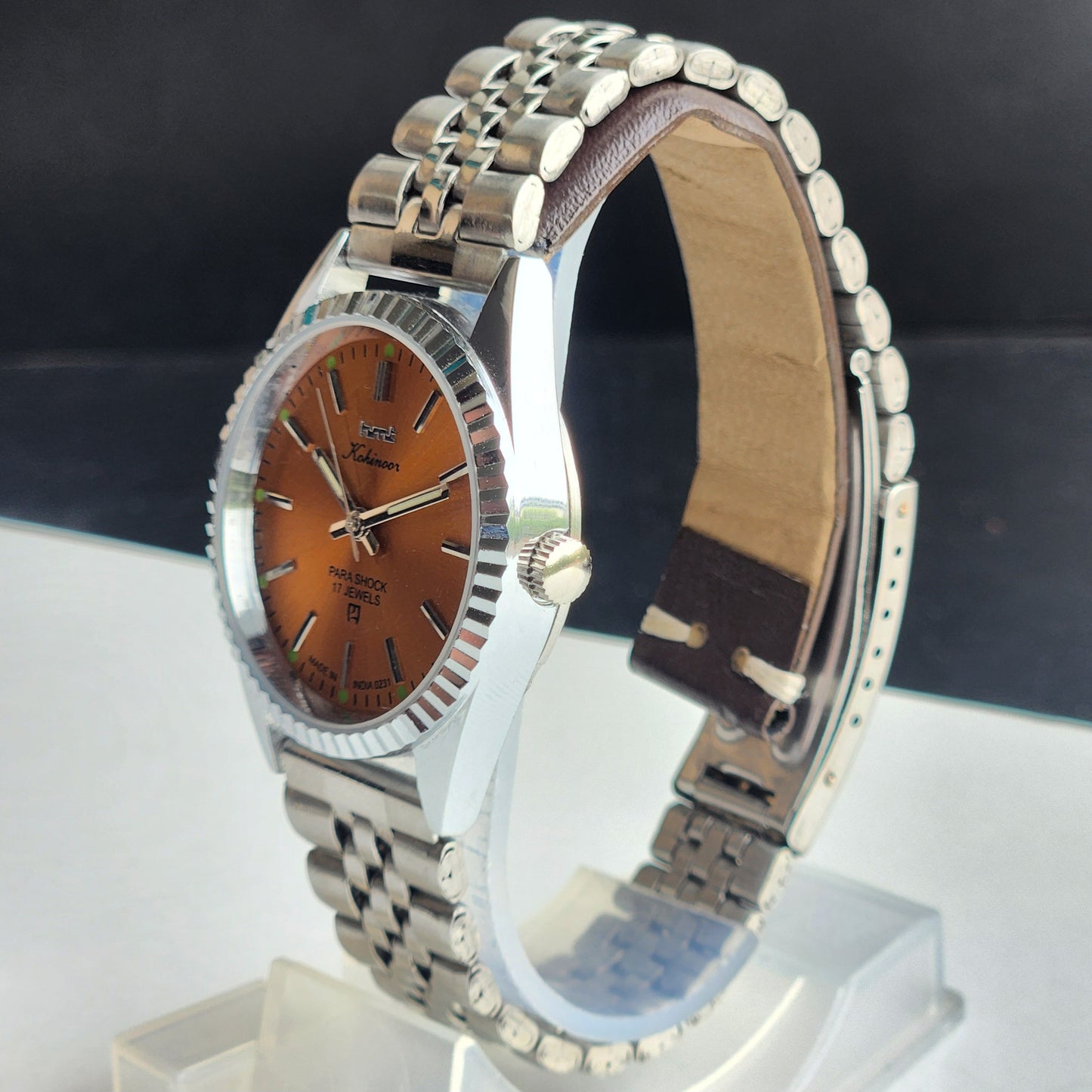 Vintage HMT Kohinoor Hand Winding 17 Jewels Orange Face Fluted Bezel Jubilee Bracelet Men's Wrist Watch G12