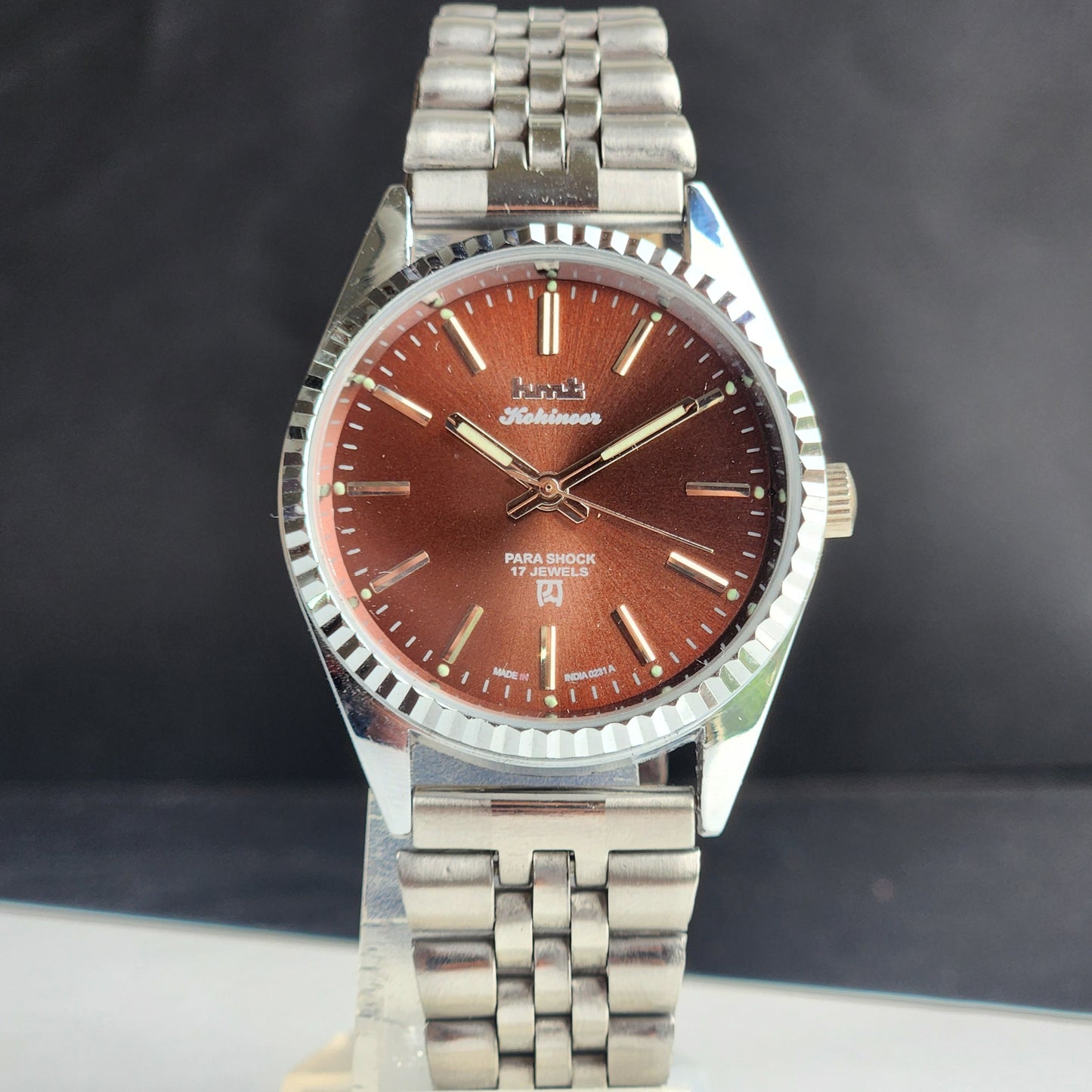 Vintage HMT Kohinoor Hand Winding 17 Jewels Brown Face Fluted Bezel Jubilee Bracelet Men's Wrist Watch G13