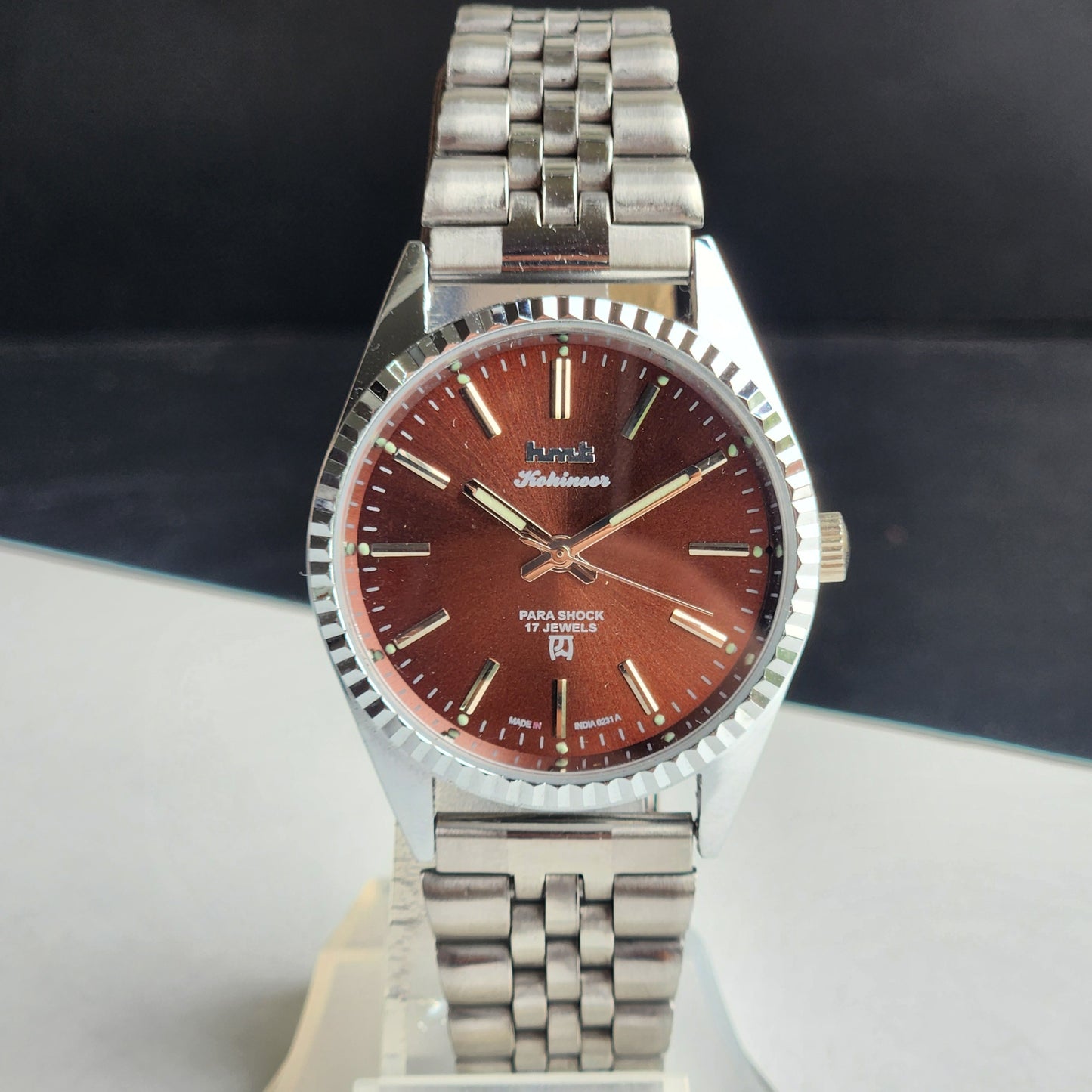 Vintage HMT Kohinoor Hand Winding 17 Jewels Brown Face Fluted Bezel Jubilee Bracelet Men's Wrist Watch G13