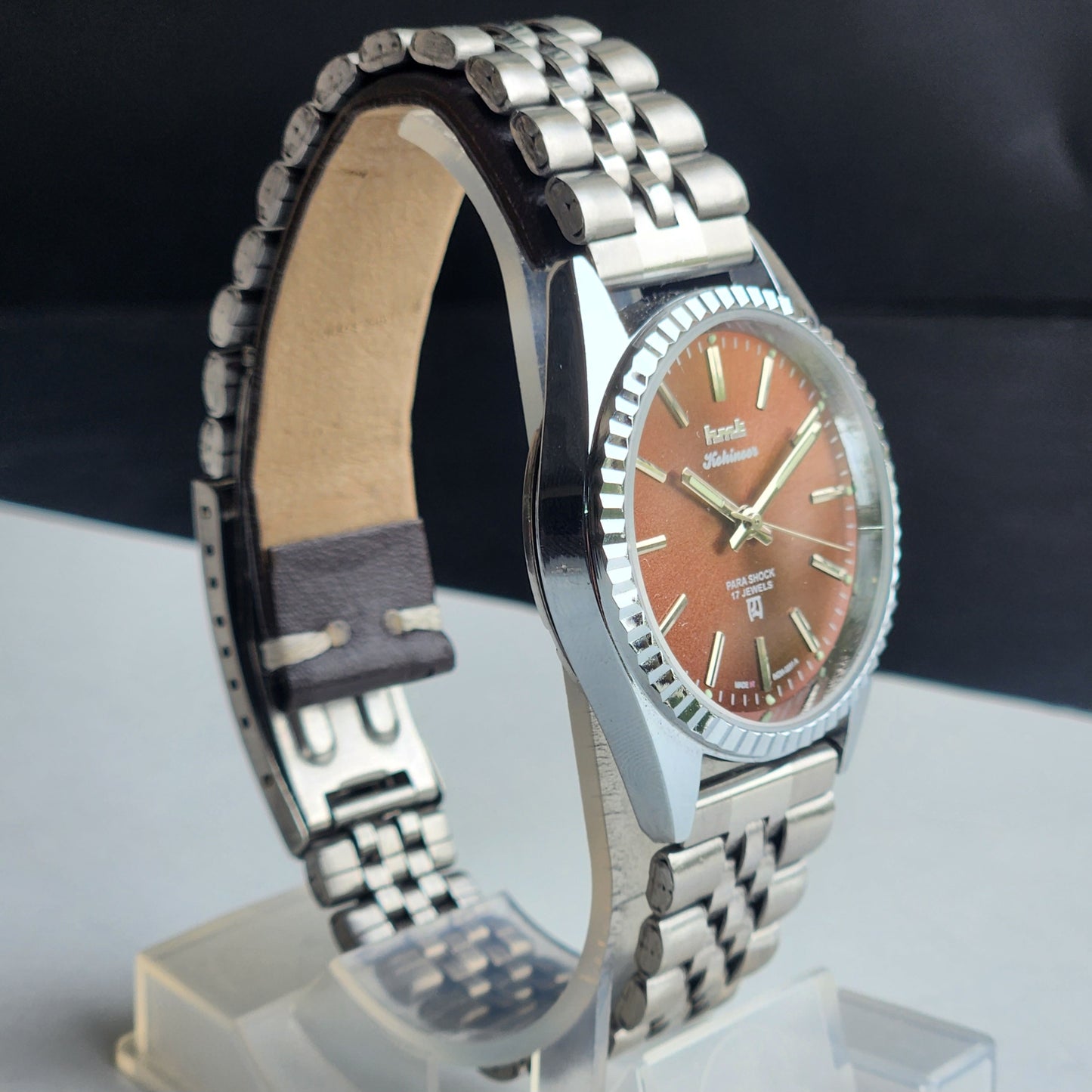 Vintage HMT Kohinoor Hand Winding 17 Jewels Brown Face Fluted Bezel Jubilee Bracelet Men's Wrist Watch G13