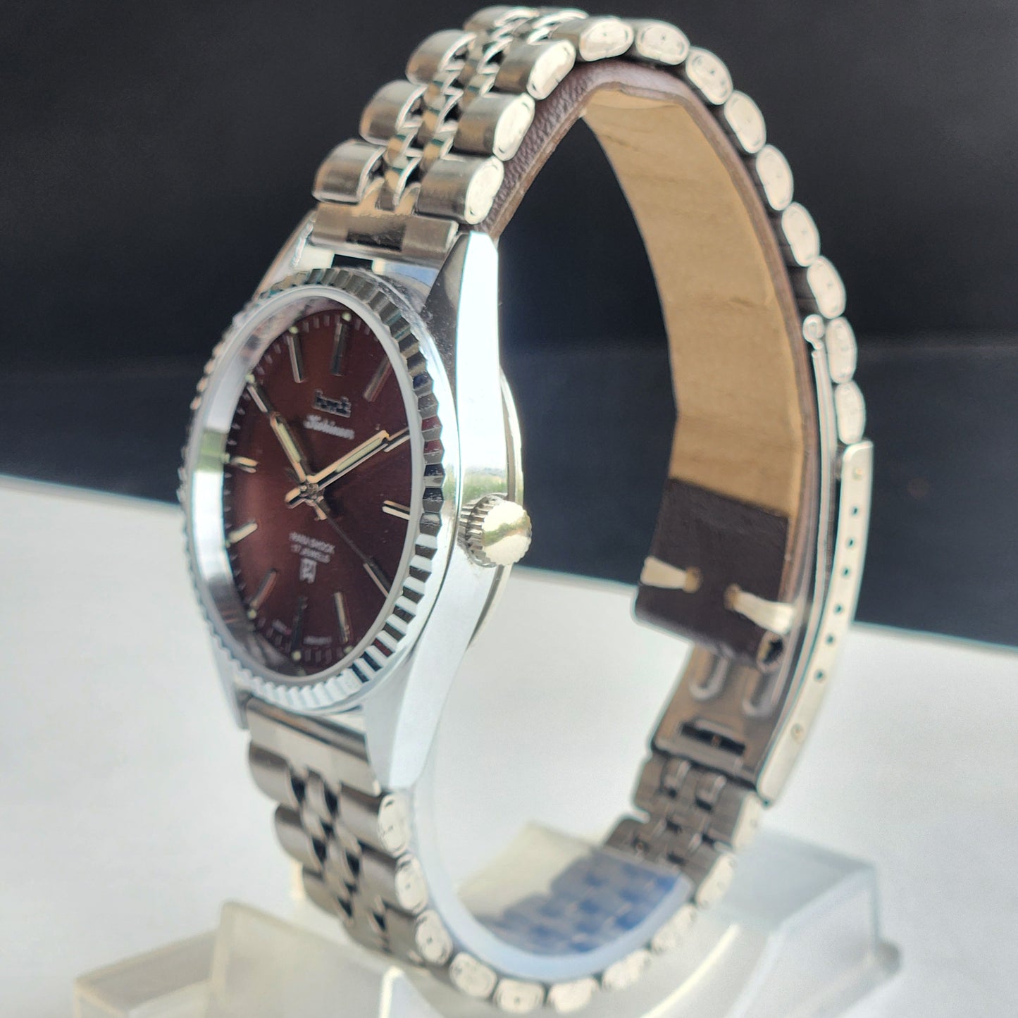 Vintage HMT Kohinoor Hand Winding 17 Jewels Brown Face Fluted Bezel Jubilee Bracelet Men's Wrist Watch G13